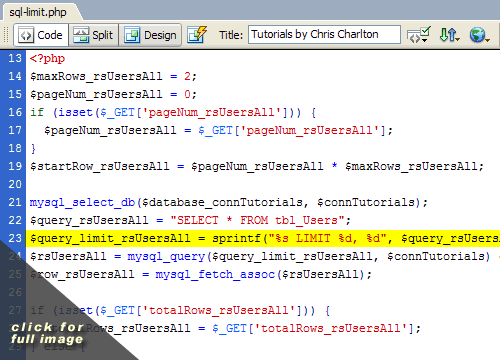 Now compare with code added after Repeat Region with a set number of records to show at a time